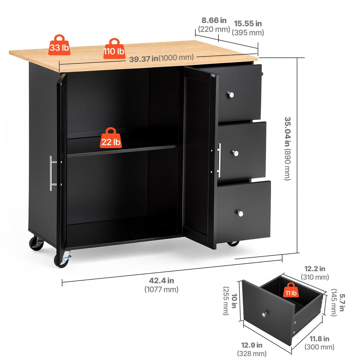 Kitchen Island Cart with Storage, 42.4 in Wide Mobile Rolling Storage Island on Swivel Wheels, with 3 Drawers, Storage Cabinet, Drop Leaf, Towel Rack, Table for Home Dining Room, Black