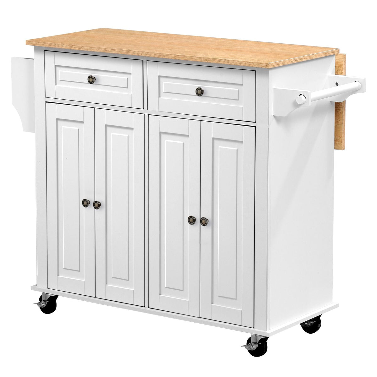 Kitchen Island Cart with Storage, 43.58 in Wide Mobile Rolling Storage Island on Swivel Wheels, with 2 Drawers, Storage Cabinet, Drop Leaf, Spice/Towel Rack, Table for Home Dining Room, White