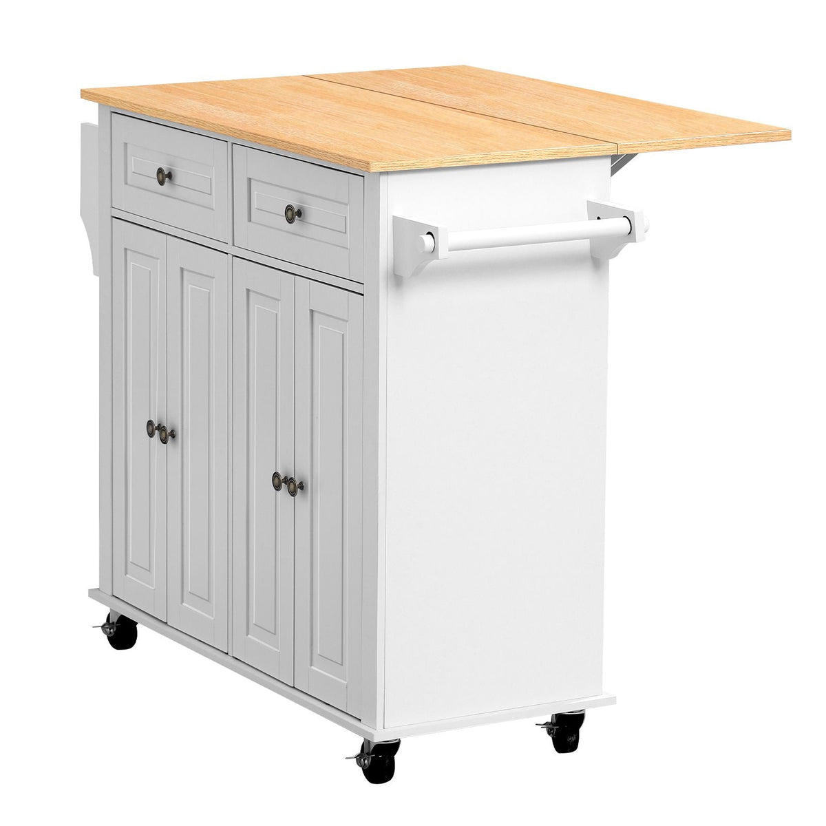 Kitchen Island Cart with Storage, 43.58 in Wide Mobile Rolling Storage Island on Swivel Wheels, with 2 Drawers, Storage Cabinet, Drop Leaf, Spice/Towel Rack, Table for Home Dining Room, White