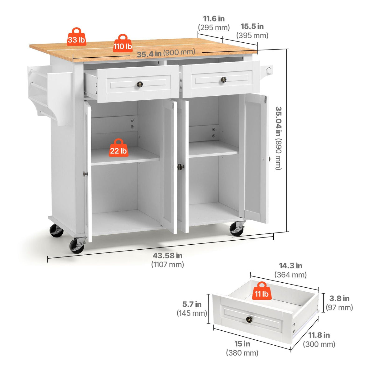 Kitchen Island Cart with Storage, 43.58 in Wide Mobile Rolling Storage Island on Swivel Wheels, with 2 Drawers, Storage Cabinet, Drop Leaf, Spice/Towel Rack, Table for Home Dining Room, White