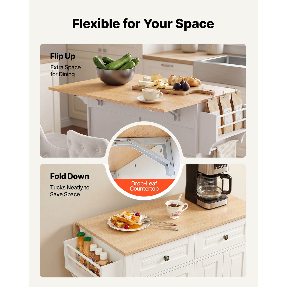 Kitchen Island Cart with Storage, 43.58 in Wide Mobile Rolling Storage Island on Swivel Wheels, with 2 Drawers, Storage Cabinet, Drop Leaf, Spice/Towel Rack, Table for Home Dining Room, White