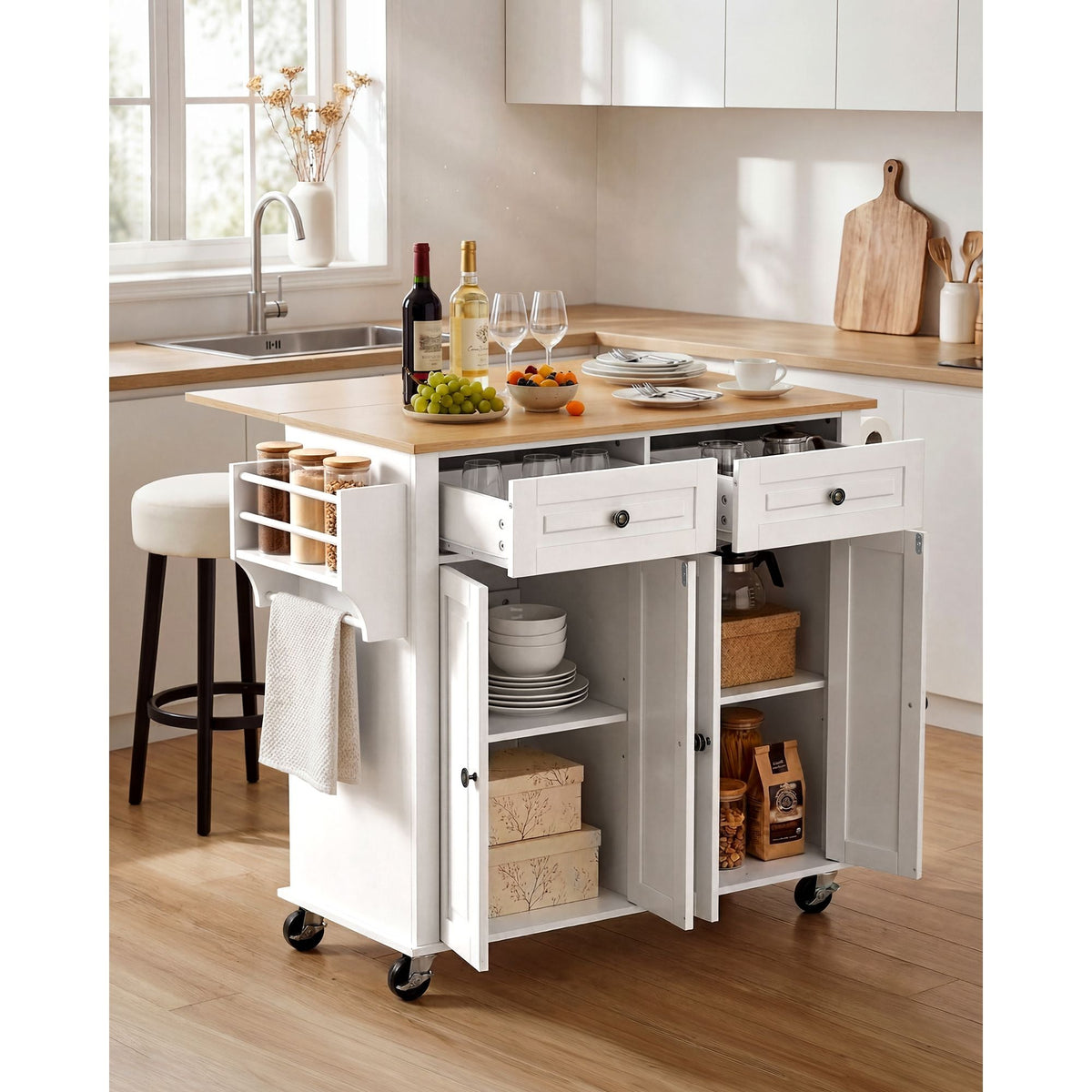 Kitchen Island Cart with Storage, 43.58 in Wide Mobile Rolling Storage Island on Swivel Wheels, with 2 Drawers, Storage Cabinet, Drop Leaf, Spice/Towel Rack, Table for Home Dining Room, White