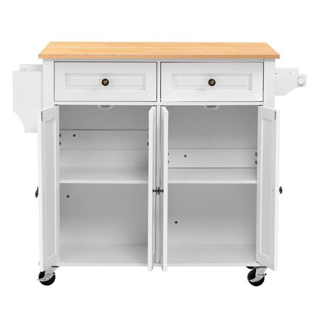 Kitchen Island Cart with Storage, 43.58 in Wide Mobile Rolling Storage Island on Swivel Wheels, with 2 Drawers, Storage Cabinet, Drop Leaf, Spice/Towel Rack, Table for Home Dining Room, White
