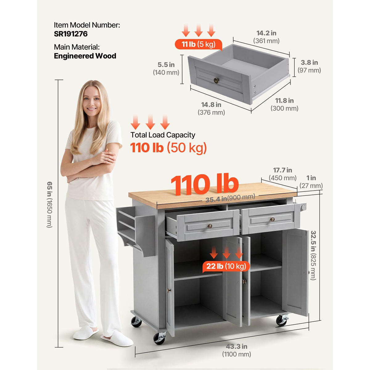 Kitchen Island Cart with Storage, 43.7 in Wide Mobile Rolling Storage Island on Swivel Wheels, with 2 Drawers, Storage Cabinet, Spice/Towel Rack, Hooks, Table for Home Dining Room, Gray
