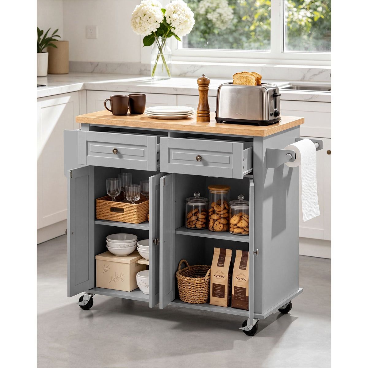 Kitchen Island Cart with Storage, 43.7 in Wide Mobile Rolling Storage Island on Swivel Wheels, with 2 Drawers, Storage Cabinet, Spice/Towel Rack, Hooks, Table for Home Dining Room, Gray