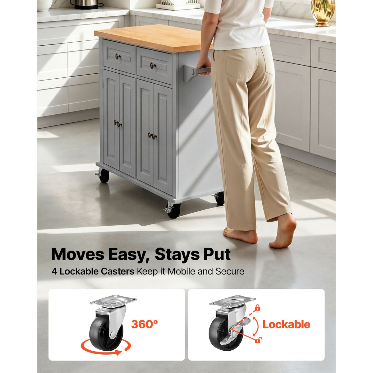 Kitchen Island Cart with Storage, 43.7 in Wide Mobile Rolling Storage Island on Swivel Wheels, with 2 Drawers, Storage Cabinet, Spice/Towel Rack, Hooks, Table for Home Dining Room, Gray