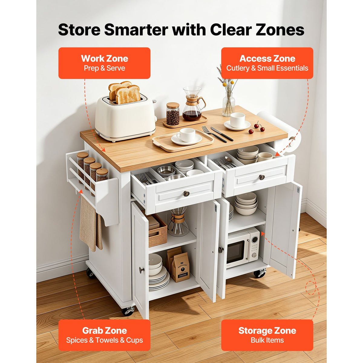Kitchen Island Cart with Storage, 43.7 in Wide Mobile Rolling Storage Island on Swivel Wheels, with 2 Drawers, Storage Cabinet, Spice/Towel Rack, Hooks, Table for Home Dining Room, White
