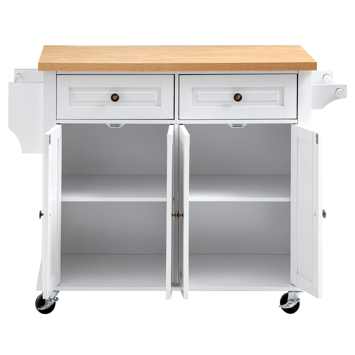 Kitchen Island Cart with Storage, 43.7 in Wide Mobile Rolling Storage Island on Swivel Wheels, with 2 Drawers, Storage Cabinet, Spice/Towel Rack, Hooks, Table for Home Dining Room, White