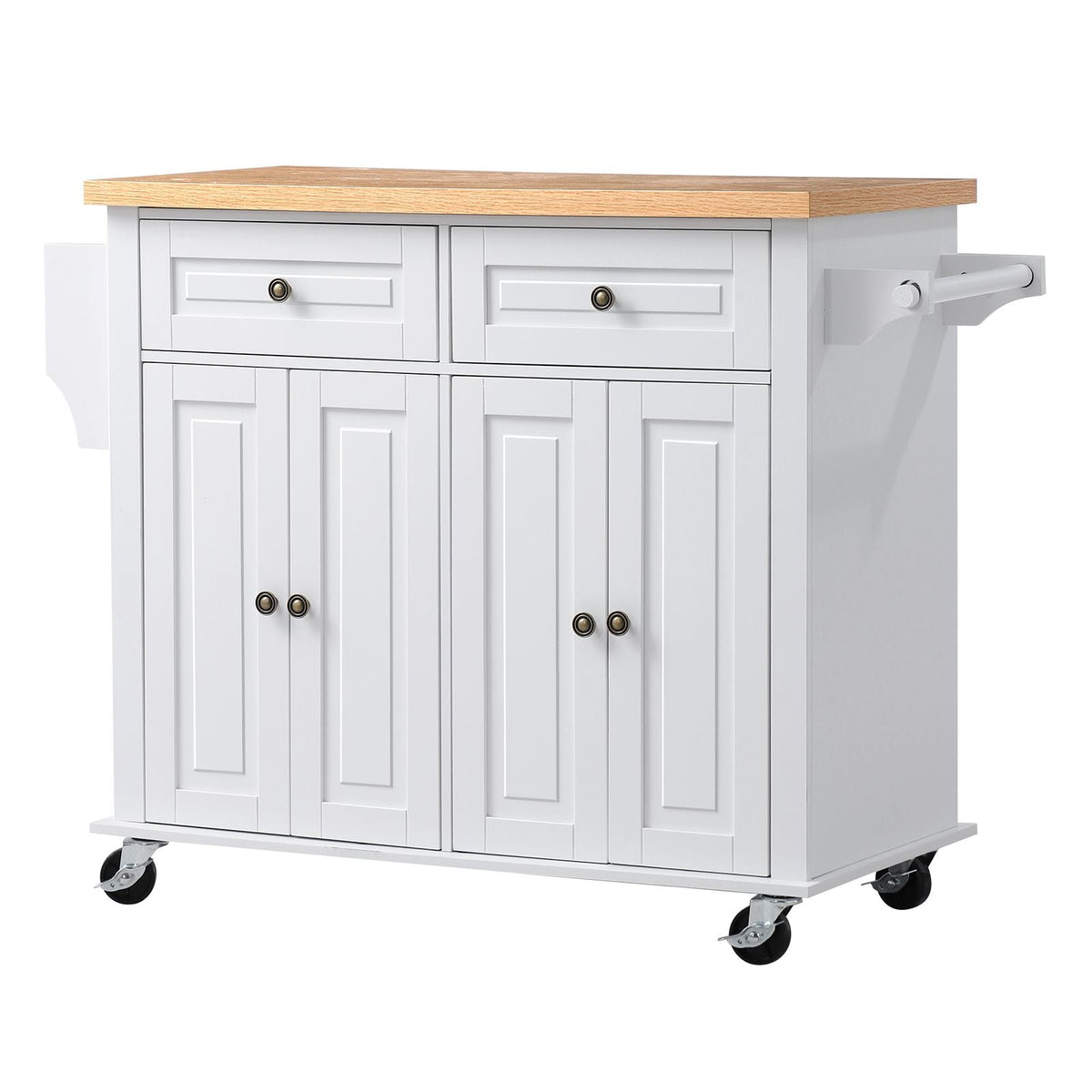 Kitchen Island Cart with Storage, 43.7 in Wide Mobile Rolling Storage Island on Swivel Wheels, with 2 Drawers, Storage Cabinet, Spice/Towel Rack, Hooks, Table for Home Dining Room, White