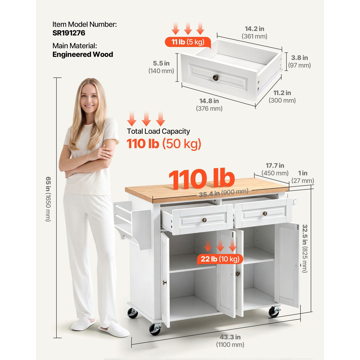 Kitchen Island Cart with Storage, 43.7 in Wide Mobile Rolling Storage Island on Swivel Wheels, with 2 Drawers, Storage Cabinet, Spice/Towel Rack, Hooks, Table for Home Dining Room, White