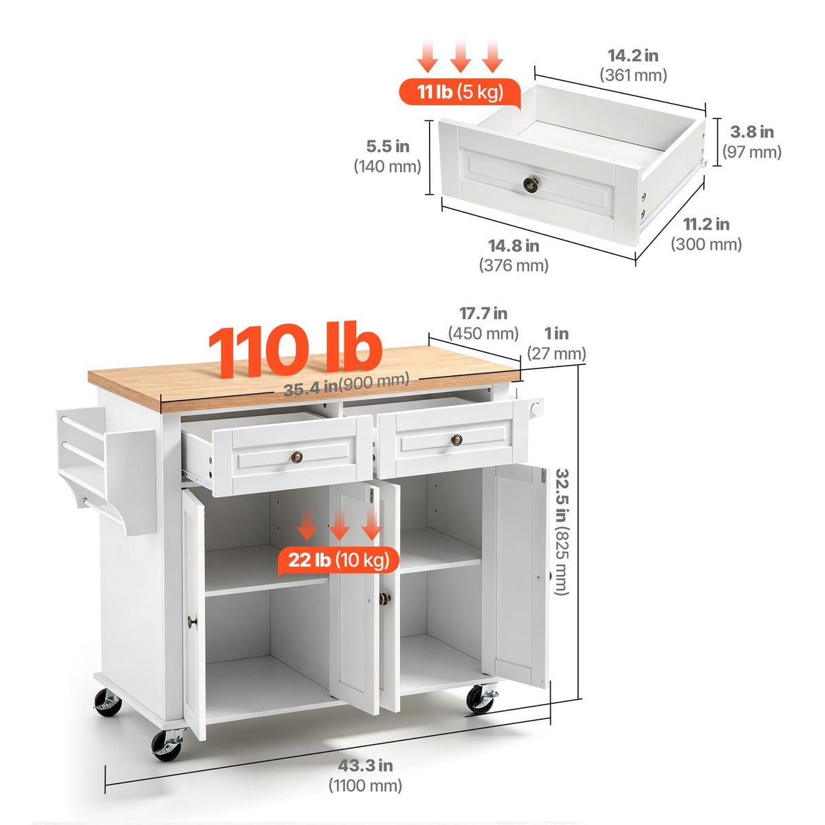 Kitchen Island Cart with Storage, 43.7 in Wide Mobile Rolling Storage Island on Swivel Wheels, with 2 Drawers, Storage Cabinet, Spice/Towel Rack, Hooks, Table for Home Dining Room, White