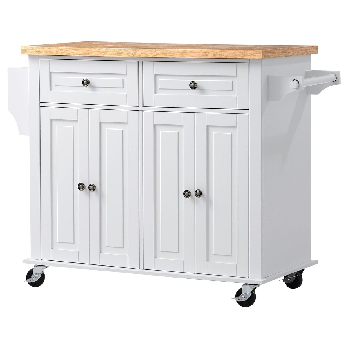 Kitchen Island Cart with Storage, 43.7 in Wide Mobile Rolling Storage Island on Swivel Wheels, with 2 Drawers, Storage Cabinet, Spice/Towel Rack, Hooks, Table for Home Dining Room, White