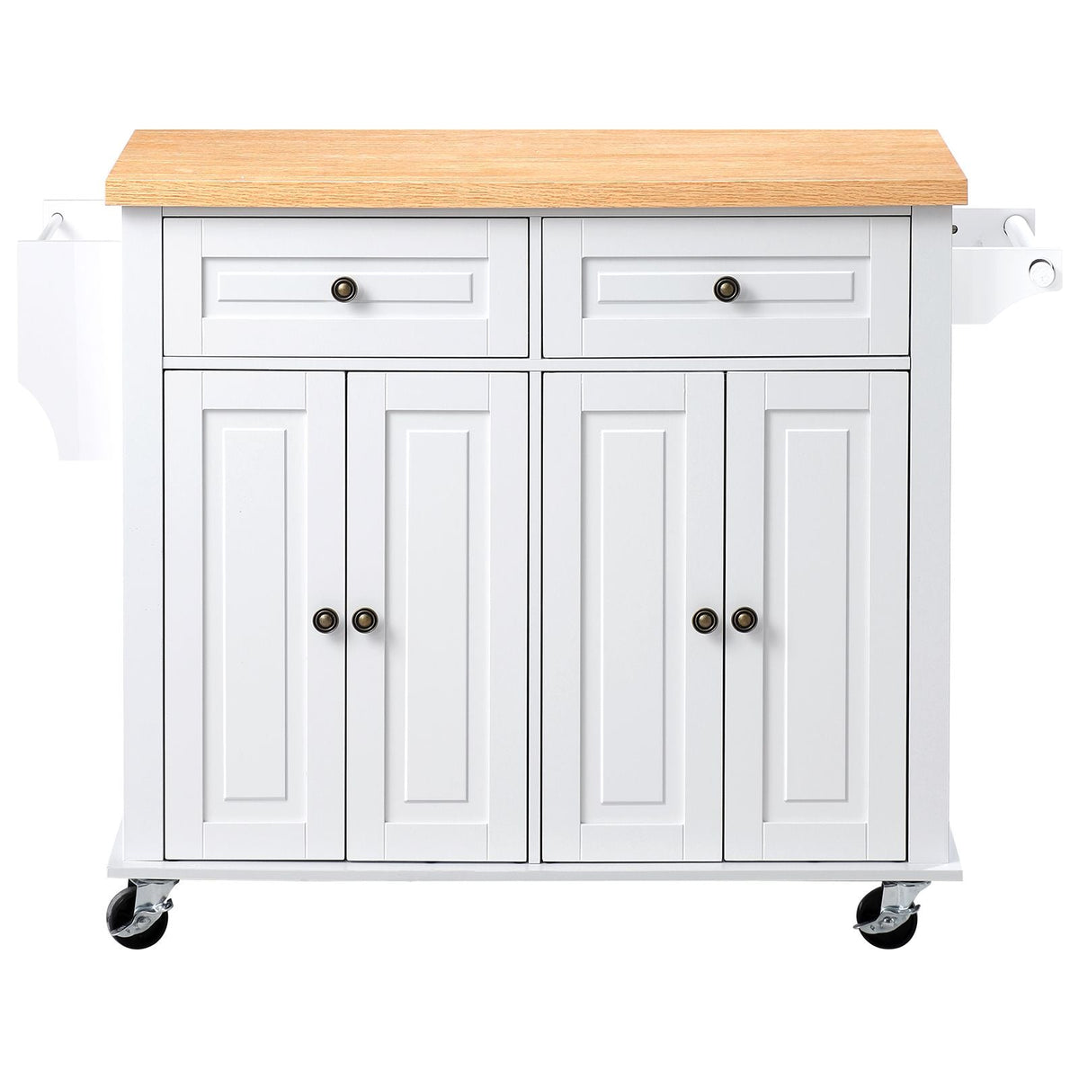Kitchen Island Cart with Storage, 43.7 in Wide Mobile Rolling Storage Island on Swivel Wheels, with 2 Drawers, Storage Cabinet, Spice/Towel Rack, Hooks, Table for Home Dining Room, White