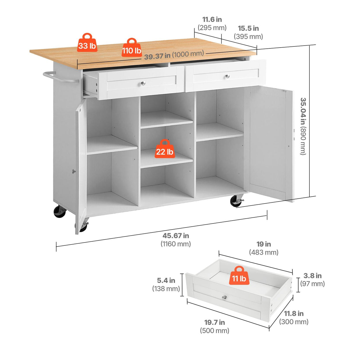 Kitchen Island Cart with Storage, 45.67 in Wide Mobile Rolling Storage Island on Swivel Wheels, with 2 Drawers, Storage Cabinet, Drop Leaf, Towel Rack, Table for Home Dining Room, White