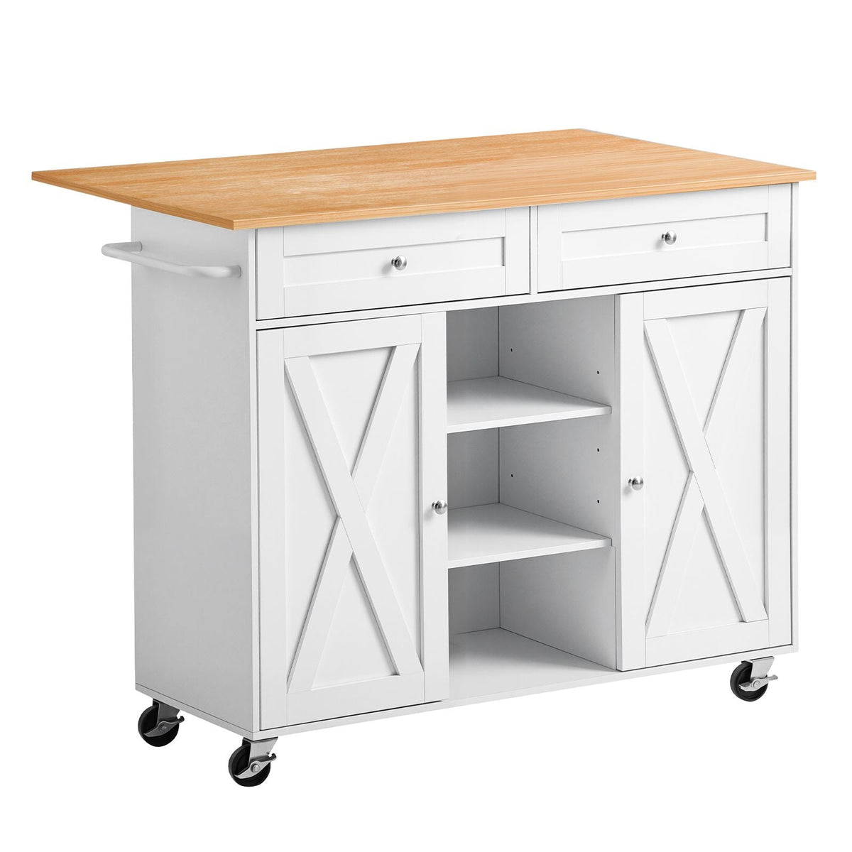 Kitchen Island Cart with Storage, 45.67 in Wide Mobile Rolling Storage Island on Swivel Wheels, with 2 Drawers, Storage Cabinet, Drop Leaf, Towel Rack, Table for Home Dining Room, White