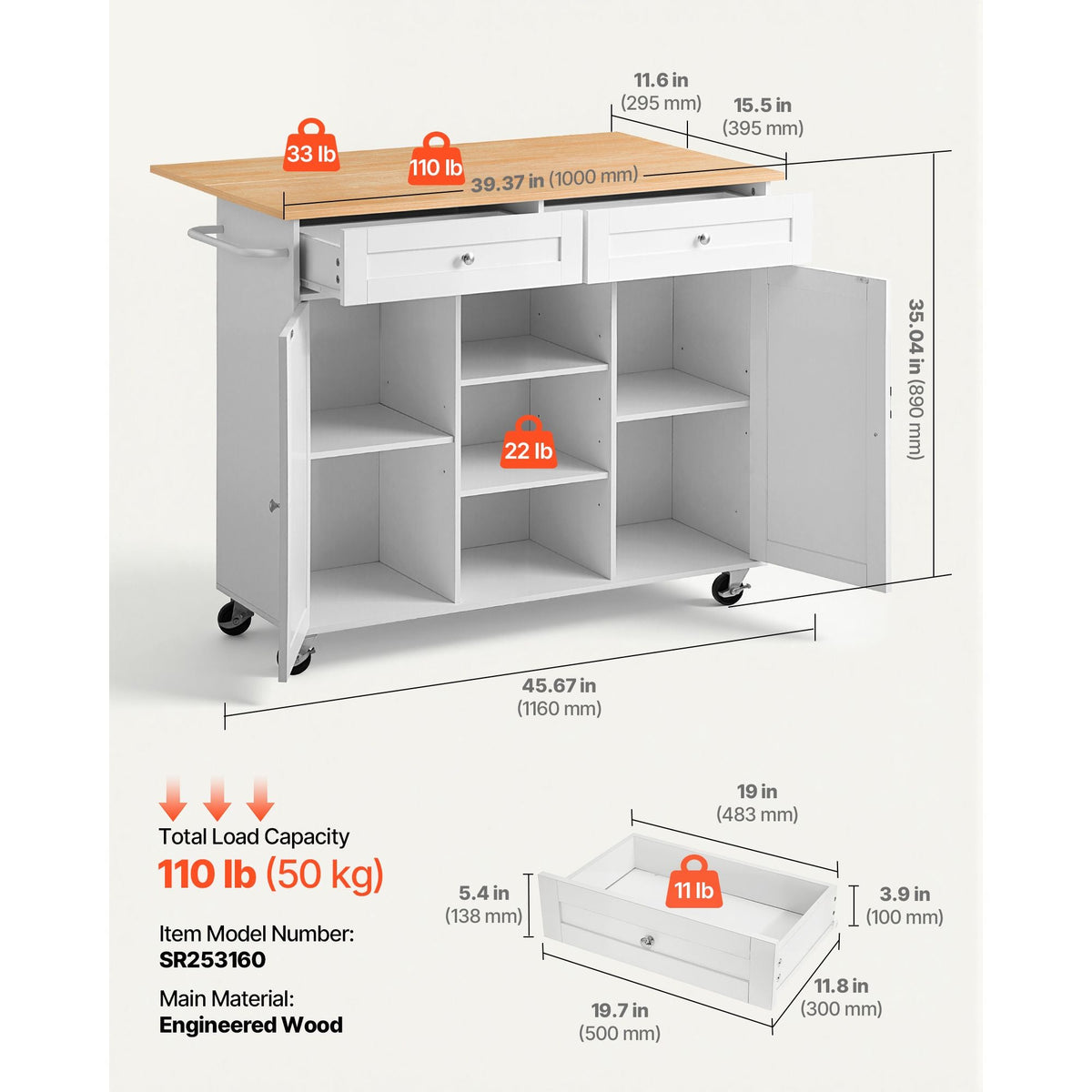 Kitchen Island Cart with Storage, 45.67 in Wide Mobile Rolling Storage Island on Swivel Wheels, with 2 Drawers, Storage Cabinet, Drop Leaf, Towel Rack, Table for Home Dining Room, White