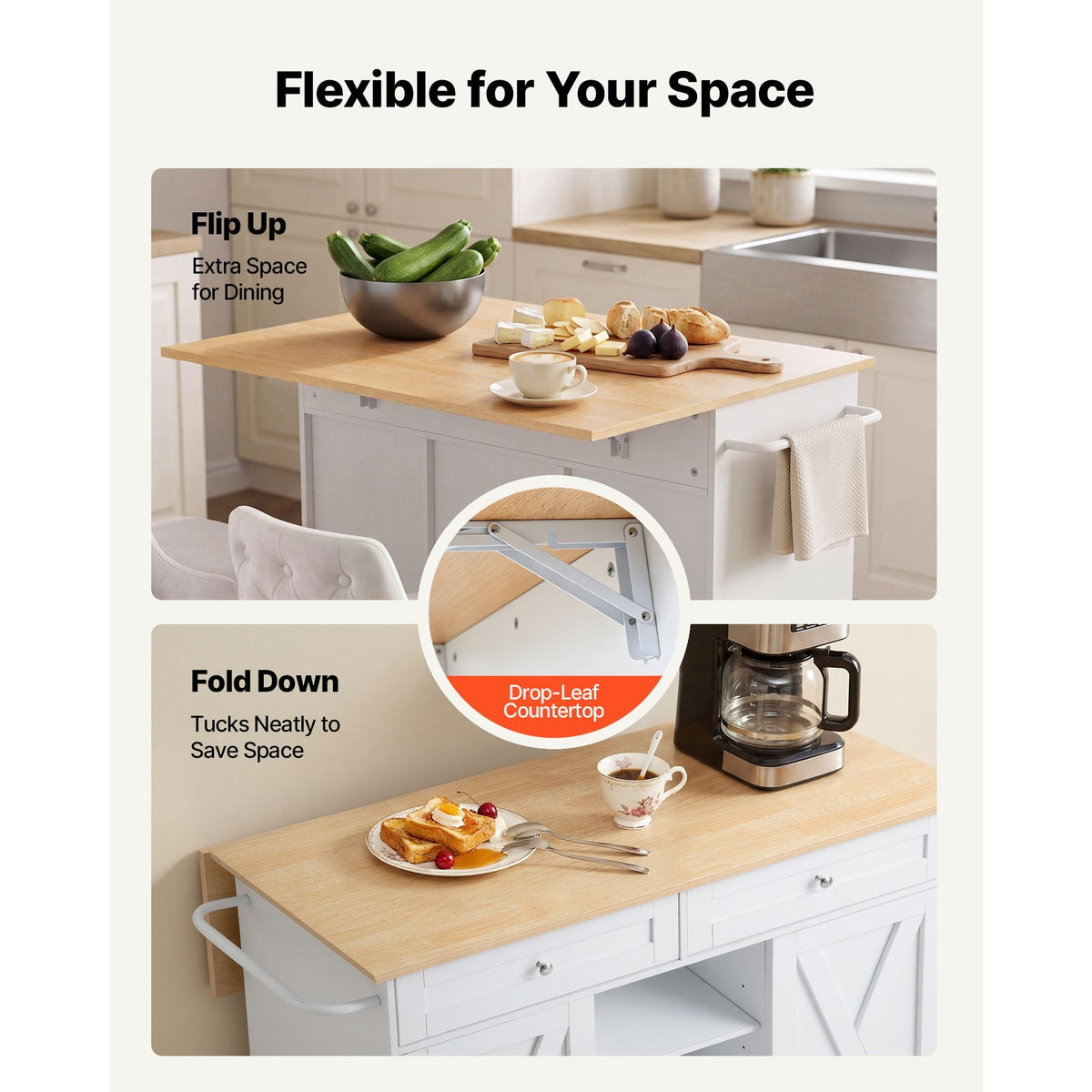 Kitchen Island Cart with Storage, 45.67 in Wide Mobile Rolling Storage Island on Swivel Wheels, with 2 Drawers, Storage Cabinet, Drop Leaf, Towel Rack, Table for Home Dining Room, White