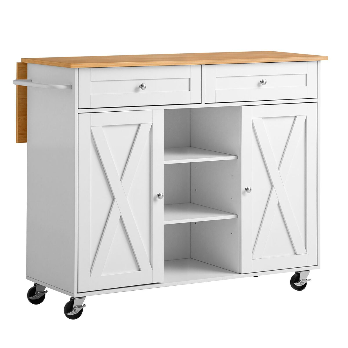Kitchen Island Cart with Storage, 45.67 in Wide Mobile Rolling Storage Island on Swivel Wheels, with 2 Drawers, Storage Cabinet, Drop Leaf, Towel Rack, Table for Home Dining Room, White