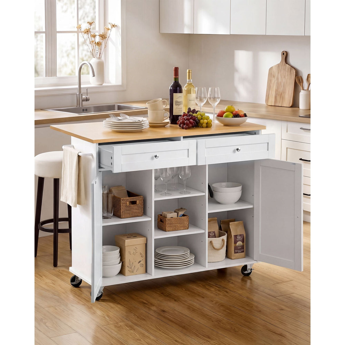 Kitchen Island Cart with Storage, 45.67 in Wide Mobile Rolling Storage Island on Swivel Wheels, with 2 Drawers, Storage Cabinet, Drop Leaf, Towel Rack, Table for Home Dining Room, White