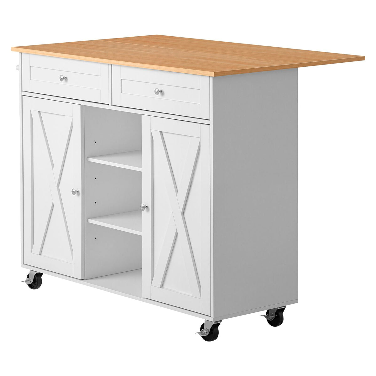 Kitchen Island Cart with Storage, 45.67 in Wide Mobile Rolling Storage Island on Swivel Wheels, with 2 Drawers, Storage Cabinet, Drop Leaf, Towel Rack, Table for Home Dining Room, White