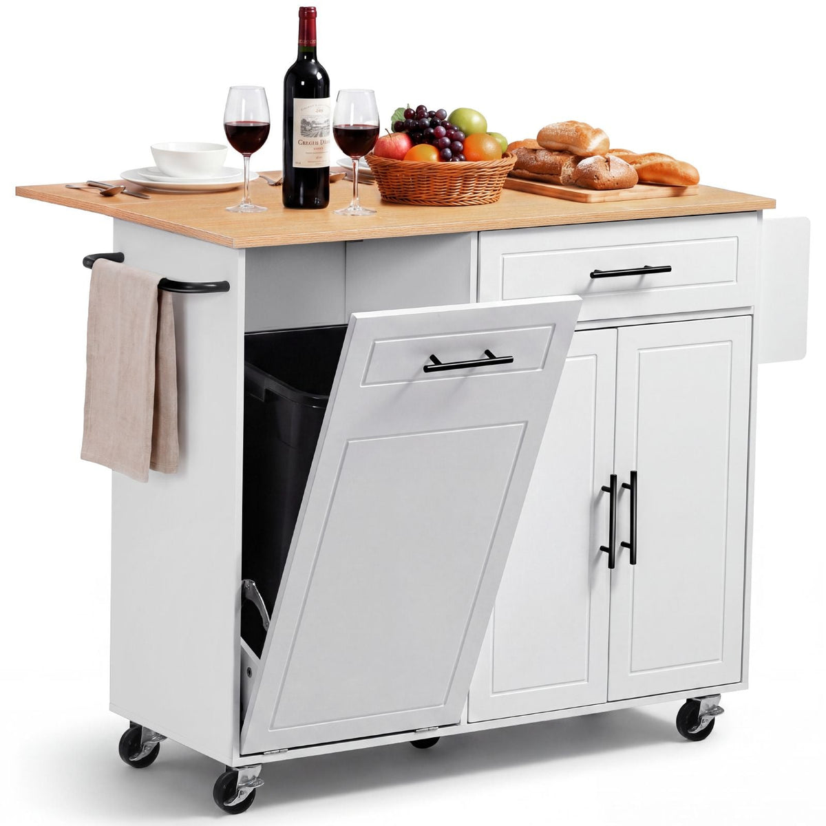 Kitchen Island Cart with Storage, 46.06 in Wide Mobile Rolling Storage Island on Swivel Wheels, with Drawer, Storage Cabinet, Drop Leaf, Spice/Towel Rack, Table for Home Dining Room, White