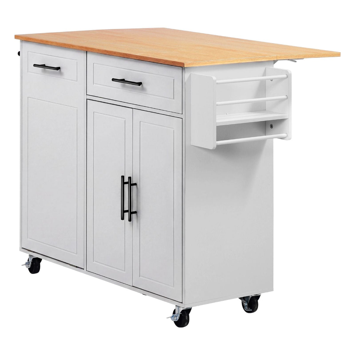 Kitchen Island Cart with Storage, 46.06 in Wide Mobile Rolling Storage Island on Swivel Wheels, with Drawer, Storage Cabinet, Drop Leaf, Spice/Towel Rack, Table for Home Dining Room, White