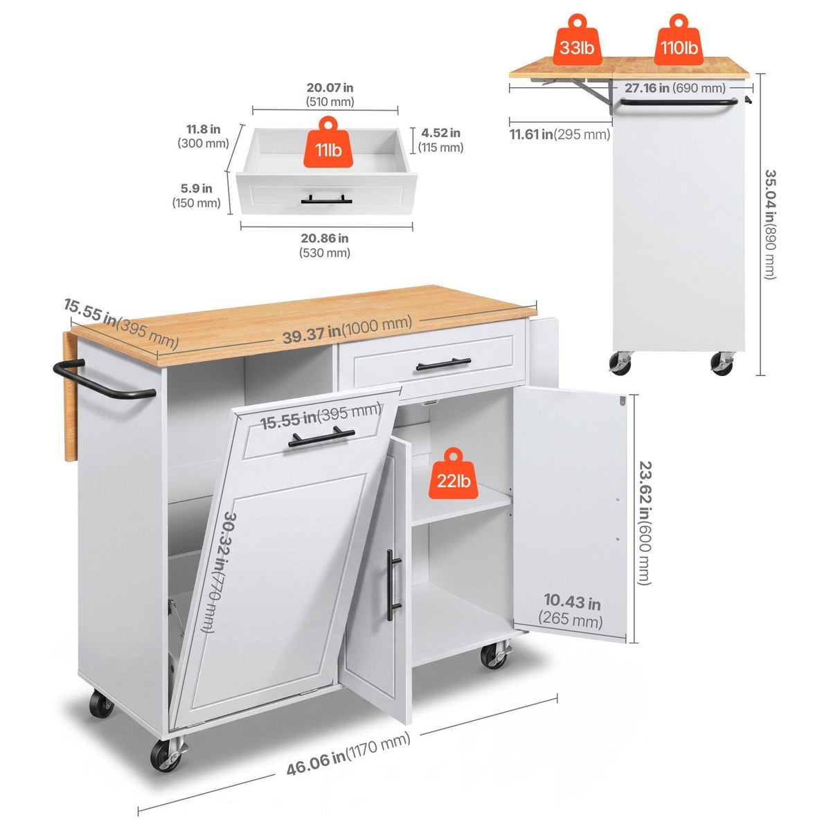 Kitchen Island Cart with Storage, 46.06 in Wide Mobile Rolling Storage Island on Swivel Wheels, with Drawer, Storage Cabinet, Drop Leaf, Spice/Towel Rack, Table for Home Dining Room, White