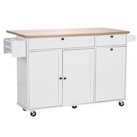 Kitchen Island Cart with Storage, 60in Wide Mobile Kitchen Cart with Wheels, Drop Leaf, 2 Drawers, Trash Can Cabinet, Knife Holder, Spice Rack, and Towel Rack, Table for Dining Room, Pantry