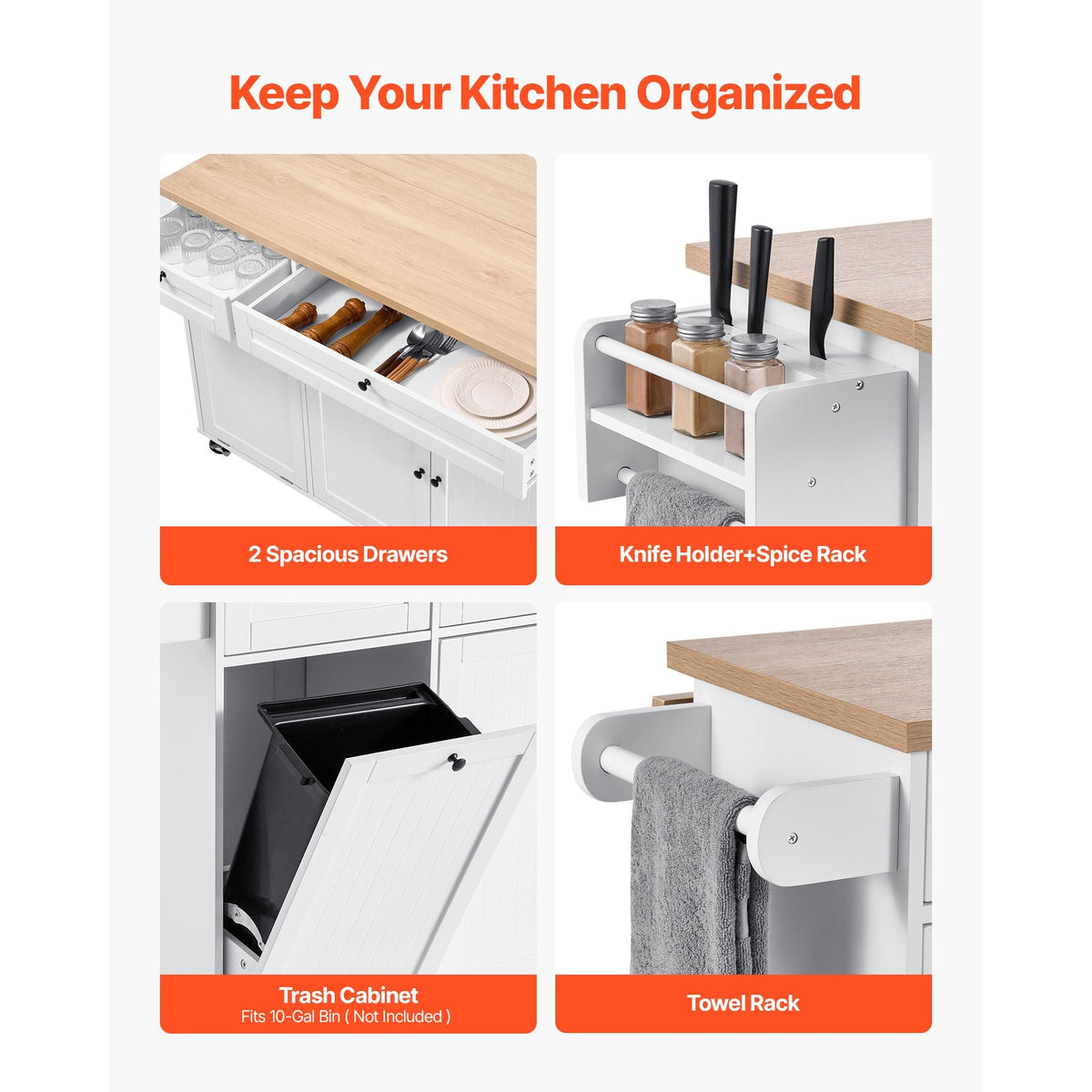 Kitchen Island Cart with Storage, 60in Wide Mobile Kitchen Cart with Wheels, Drop Leaf, 2 Drawers, Trash Can Cabinet, Knife Holder, Spice Rack, and Towel Rack, Table for Dining Room, Pantry