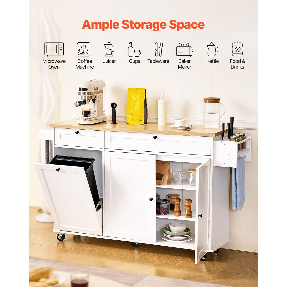 Kitchen Island Cart with Storage, 60in Wide Mobile Kitchen Cart with Wheels, Drop Leaf, 2 Drawers, Trash Can Cabinet, Knife Holder, Spice Rack, and Towel Rack, Table for Dining Room, Pantry