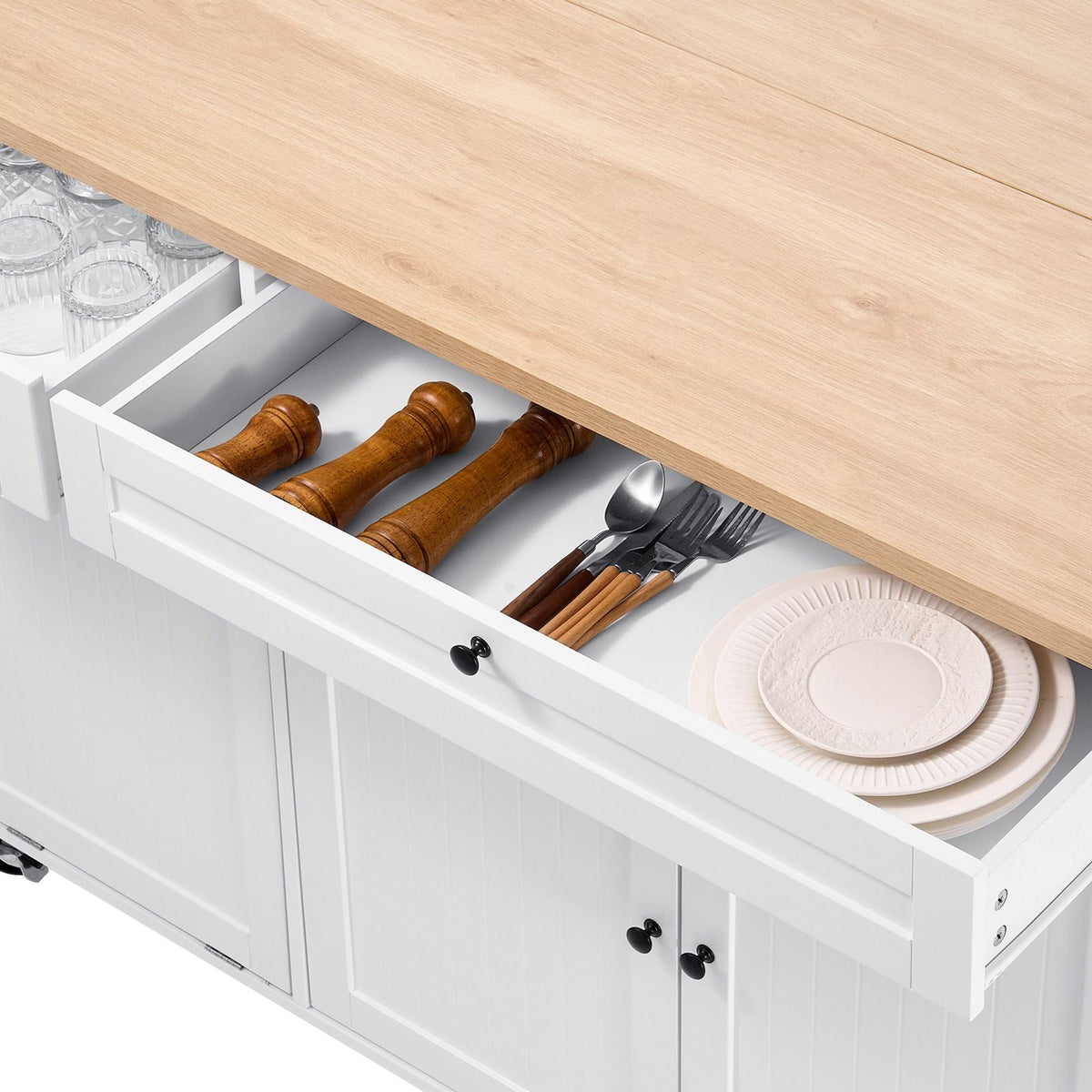 Kitchen Island Cart with Storage, 60in Wide Mobile Kitchen Cart with Wheels, Drop Leaf, 2 Drawers, Trash Can Cabinet, Knife Holder, Spice Rack, and Towel Rack, Table for Dining Room, Pantry