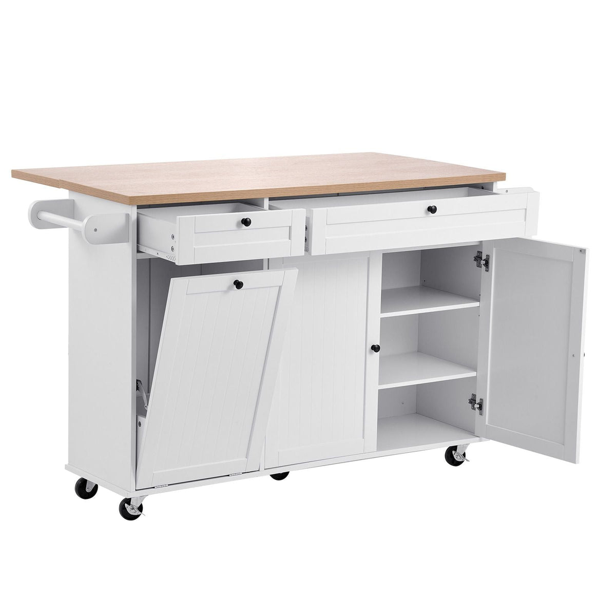 Kitchen Island Cart with Storage, 60in Wide Mobile Kitchen Cart with Wheels, Drop Leaf, 2 Drawers, Trash Can Cabinet, Knife Holder, Spice Rack, and Towel Rack, Table for Dining Room, Pantry