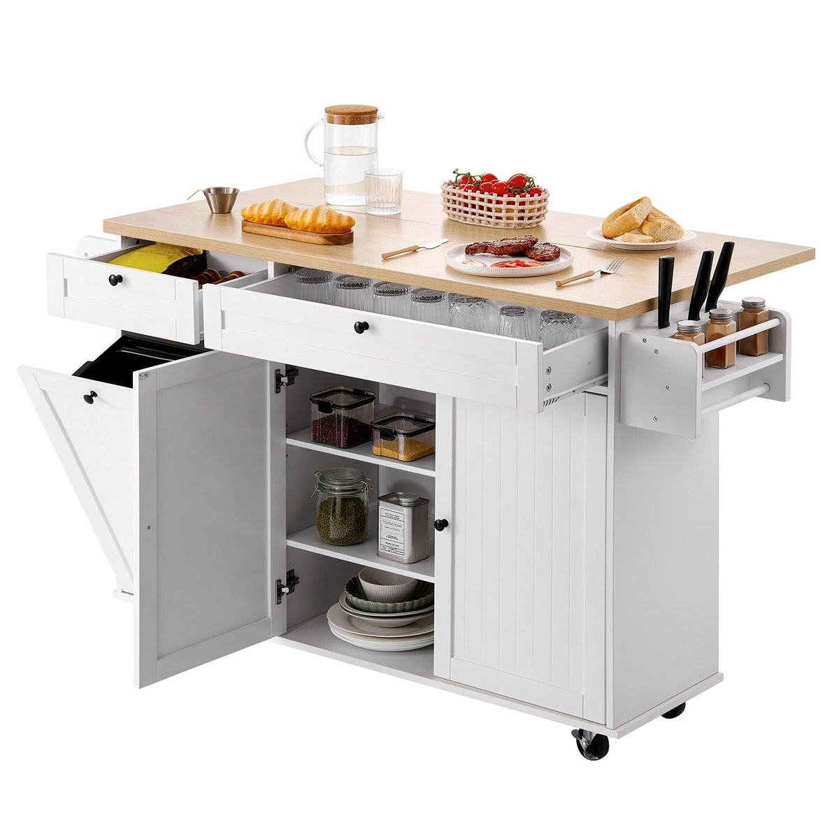 Kitchen Island Cart with Storage, 60in Wide Mobile Kitchen Cart with Wheels, Drop Leaf, 2 Drawers, Trash Can Cabinet, Knife Holder, Spice Rack, and Towel Rack, Table for Dining Room, Pantry