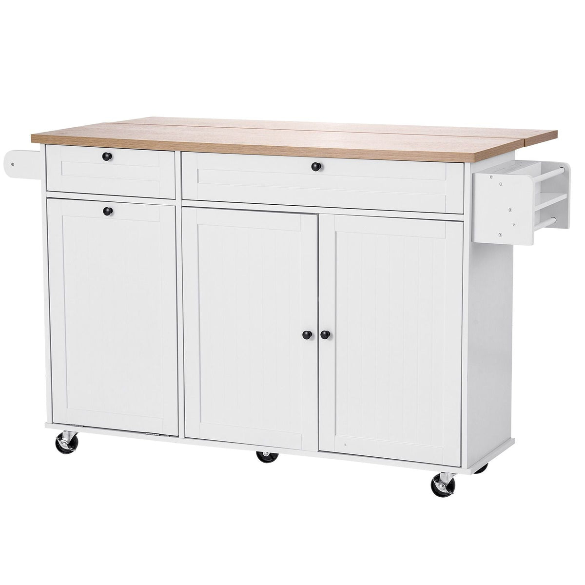 Kitchen Island Cart with Storage, 60in Wide Mobile Kitchen Cart with Wheels, Drop Leaf, 2 Drawers, Trash Can Cabinet, Knife Holder, Spice Rack, and Towel Rack, Table for Dining Room, Pantry