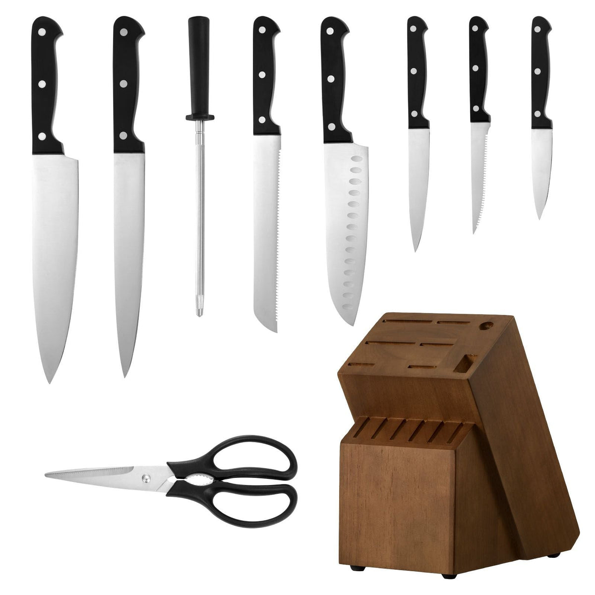 Kitchen Knife Set with Block and Sharpener, 15 Piece German High Carbon Stainless Steel Knife Set, Kitchen Cutlery with ABS Ergonomic Handle, Sharpening Rod and Wooden Block, for Home Cooks