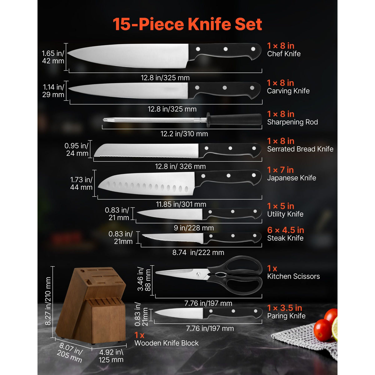 Kitchen Knife Set with Block and Sharpener, 15 Piece German High Carbon Stainless Steel Knife Set, Kitchen Cutlery with ABS Ergonomic Handle, Sharpening Rod and Wooden Block, for Home Cooks