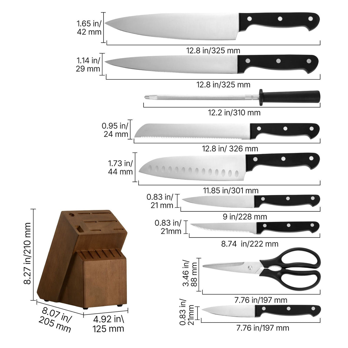 Kitchen Knife Set with Block and Sharpener, 15 Piece German High Carbon Stainless Steel Knife Set, Kitchen Cutlery with ABS Ergonomic Handle, Sharpening Rod and Wooden Block, for Home Cooks