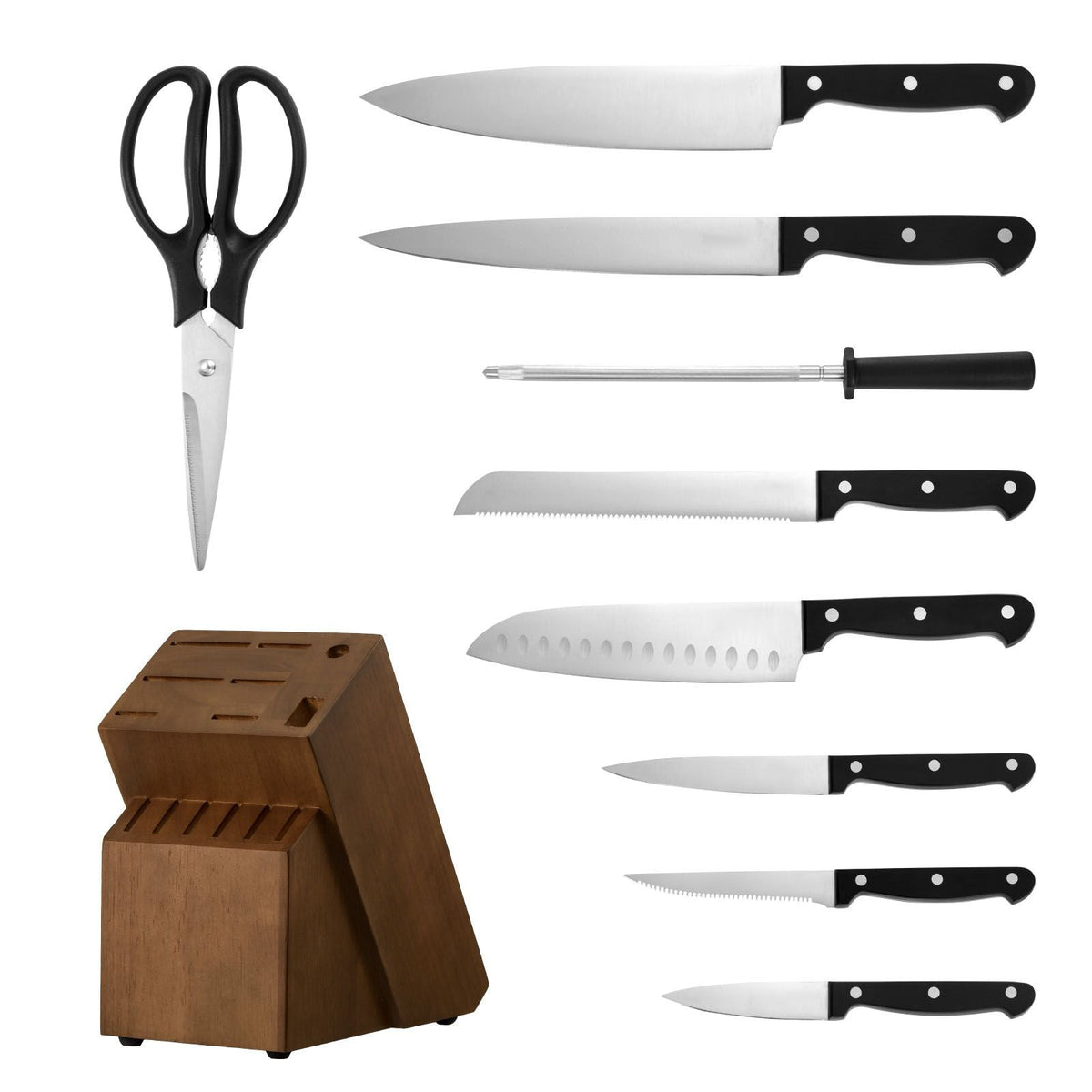 Kitchen Knife Set with Block and Sharpener, 15 Piece German High Carbon Stainless Steel Knife Set, Kitchen Cutlery with ABS Ergonomic Handle, Sharpening Rod and Wooden Block, for Home Cooks