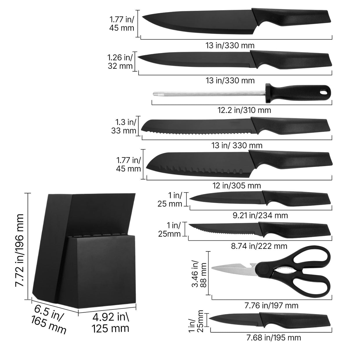 Kitchen Knife Set with Block and Sharpener, 15 Piece German High Carbon Stainless Steel Knife Set, Kitchen Cutlery with PP Ergonomic Handle, Sharpening Rod and Wooden Block, for Home Cooks