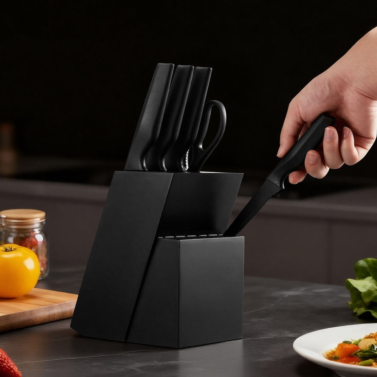 Kitchen Knife Set with Block and Sharpener, 15 Piece German High Carbon Stainless Steel Knife Set, Kitchen Cutlery with PP Ergonomic Handle, Sharpening Rod and Wooden Block, for Home Cooks