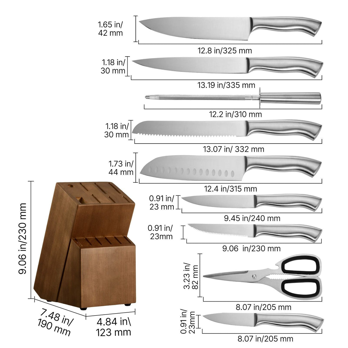 Kitchen Knife Set with Block and Sharpener, 15 Piece German High Carbon Stainless Steel Sharp Knife Set, Kitchen Cutlery with Ergonomic Handle, Sharpening Rod and Wooden Block, for Home Cooks
