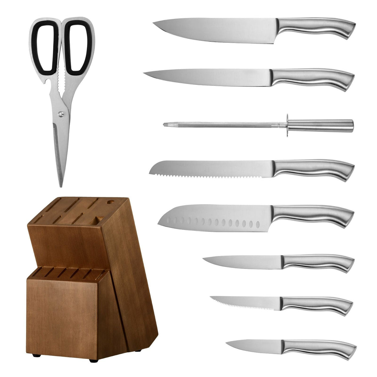 Kitchen Knife Set with Block and Sharpener, 15 Piece German High Carbon Stainless Steel Sharp Knife Set, Kitchen Cutlery with Ergonomic Handle, Sharpening Rod and Wooden Block, for Home Cooks