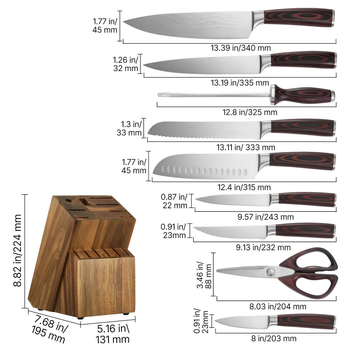 Kitchen Knife Set with Block and Sharpener, 15 Piece High Carbon Stainless Steel Knife Set, Rust-Resistant Kitchen Cutlery with Ergonomic Handle, Sharpening Rod & Premium Wooden Block, for Home