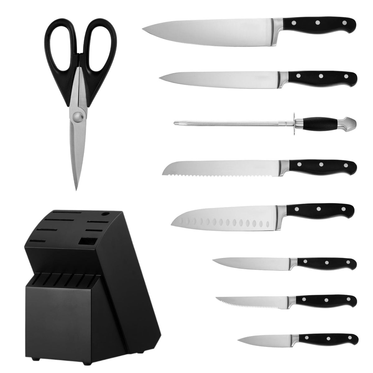 Kitchen Knife Set with Block and Sharpener, 15 Piece High Carbon Stainless Steel Sharp Knife Set, Kitchen Cutlery with Crack-Resistant Handle, Sharpening Rod and Wooden Block, for Home Cooks