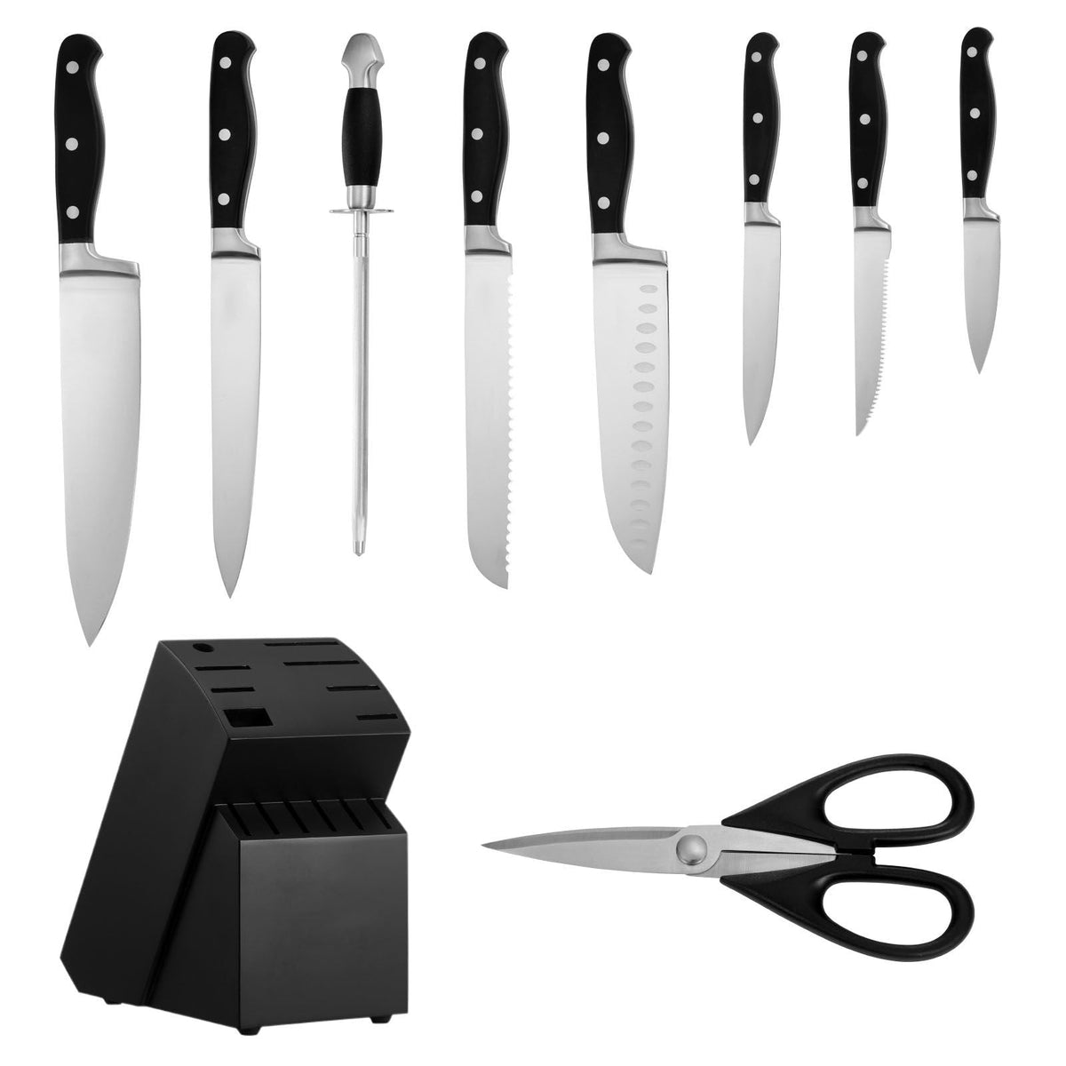 Kitchen Knife Set with Block and Sharpener, 15 Piece High Carbon Stainless Steel Sharp Knife Set, Kitchen Cutlery with Crack-Resistant Handle, Sharpening Rod and Wooden Block, for Home Cooks