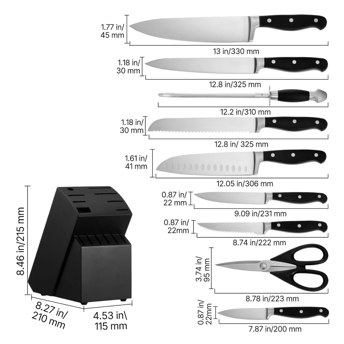 Kitchen Knife Set with Block and Sharpener, 15 Piece High Carbon Stainless Steel Sharp Knife Set, Kitchen Cutlery with Crack-Resistant Handle, Sharpening Rod and Wooden Block, for Home Cooks