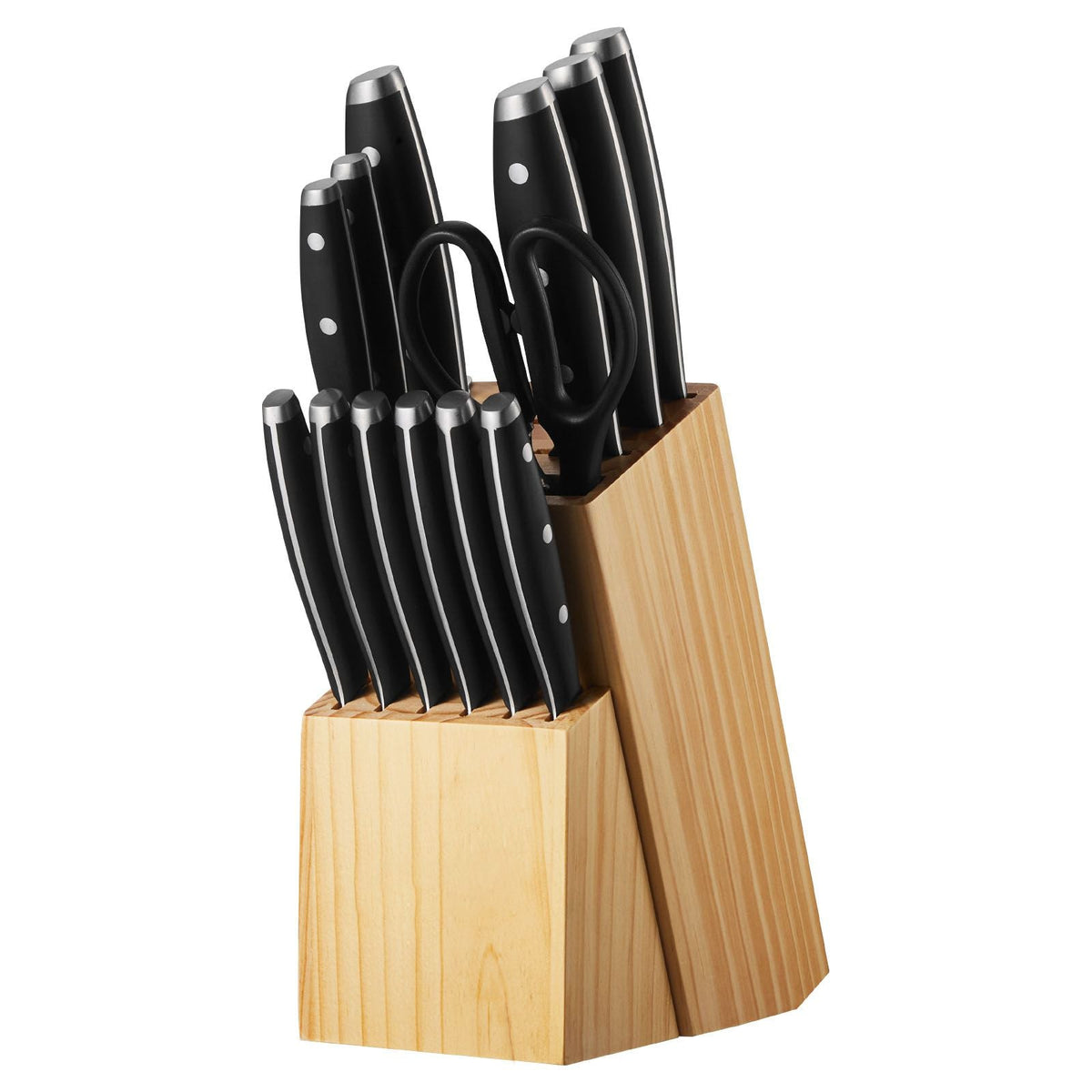 Kitchen Knife Set with Block and Sharpener, 15 Piece High Carbon Stainless Steel Sharp Knife Set, Kitchen Cutlery with Ergonomic Handle, Sharpening Rod and Premium Wooden Block, for Home Cooks