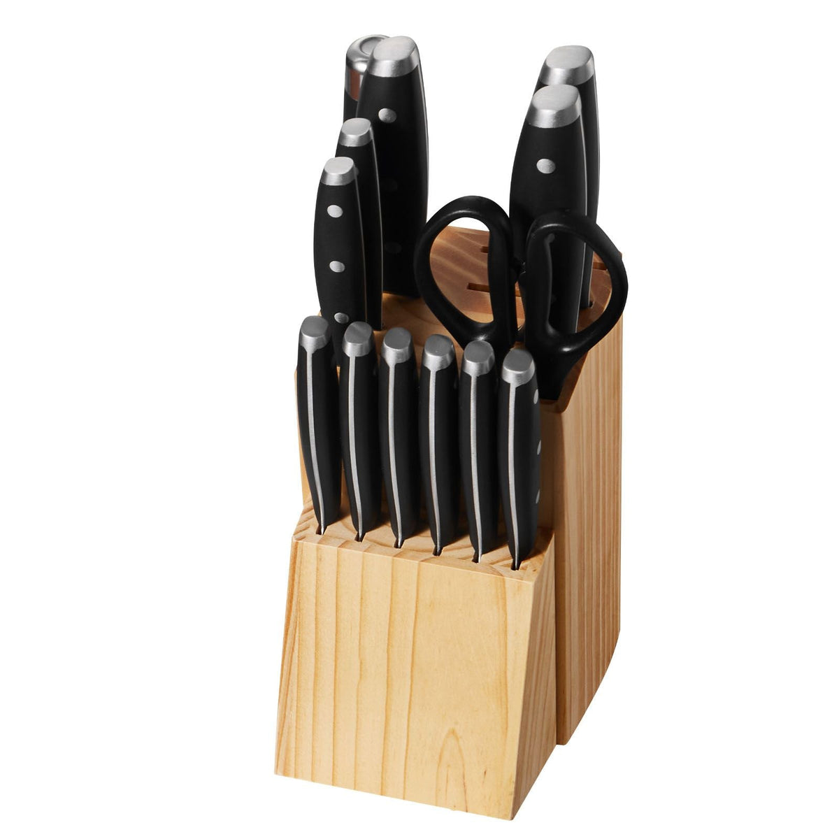 Kitchen Knife Set with Block and Sharpener, 15 Piece High Carbon Stainless Steel Sharp Knife Set, Kitchen Cutlery with Ergonomic Handle, Sharpening Rod and Premium Wooden Block, for Home Cooks