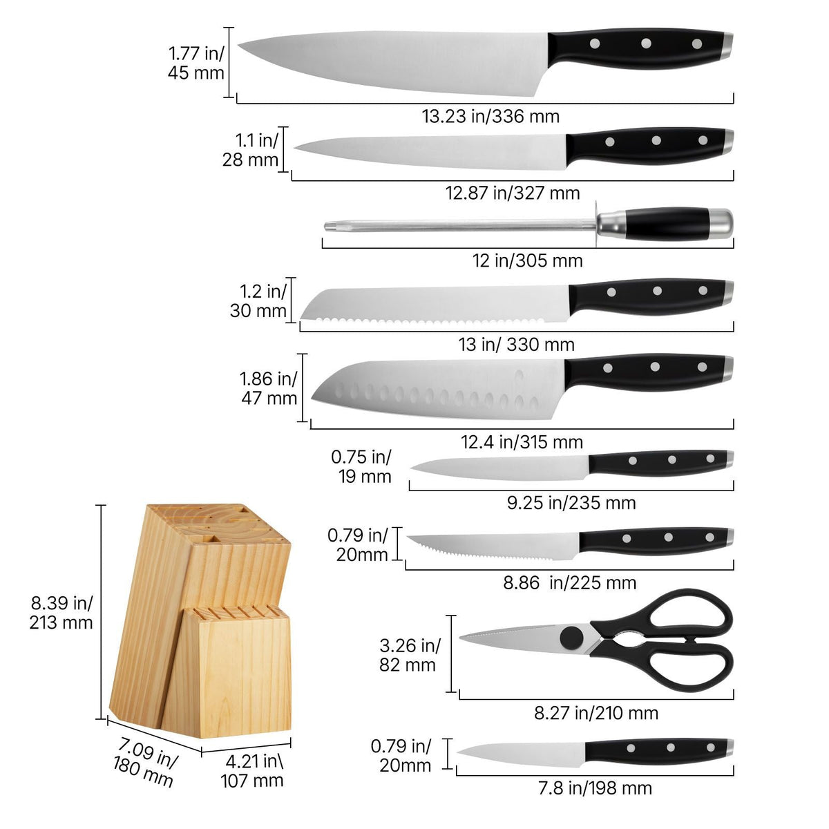 Kitchen Knife Set with Block and Sharpener, 15 Piece High Carbon Stainless Steel Sharp Knife Set, Kitchen Cutlery with Ergonomic Handle, Sharpening Rod and Premium Wooden Block, for Home Cooks