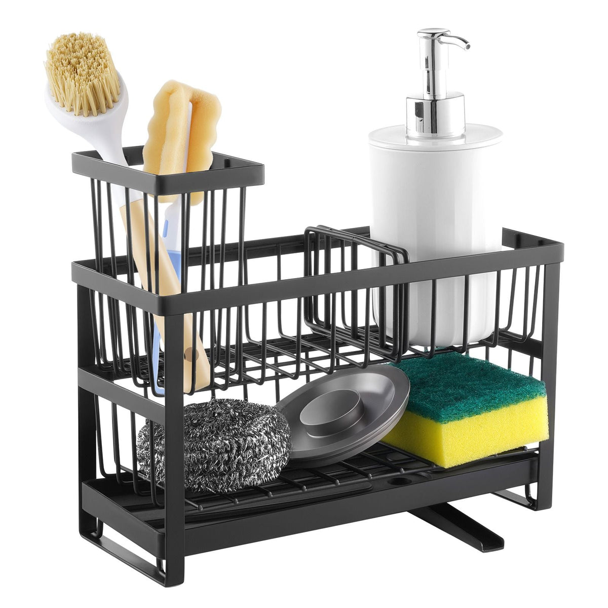 Kitchen Sink Caddy Organizer, 2 Tier Sponge Holder for Kitchen Sink with High Brush Holder & Divider, Storage Rack with Rotatable Drainage Spout, Countertop Organizers and Storage Essentials